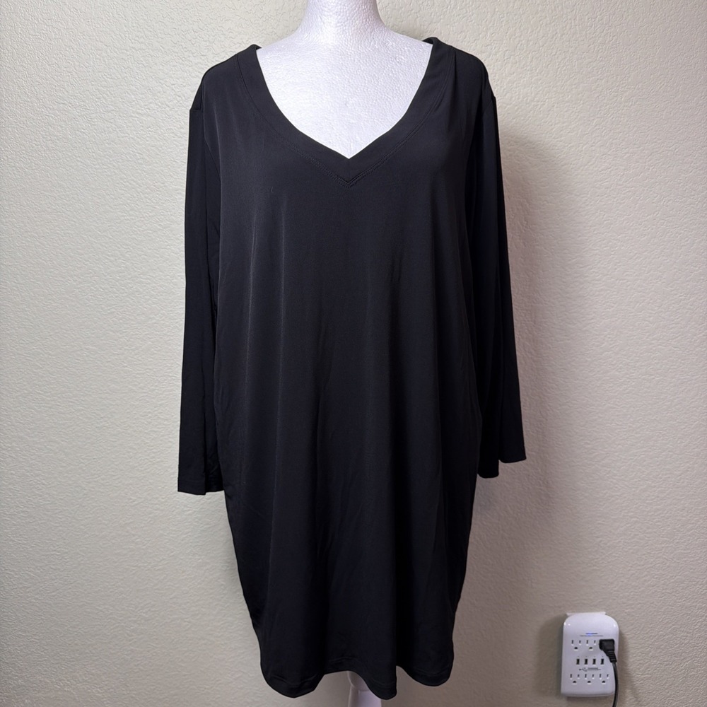 Susan Graver Top Womens 2X Plus Black Liquid Knit Pullover Shirt V-Neck Casual